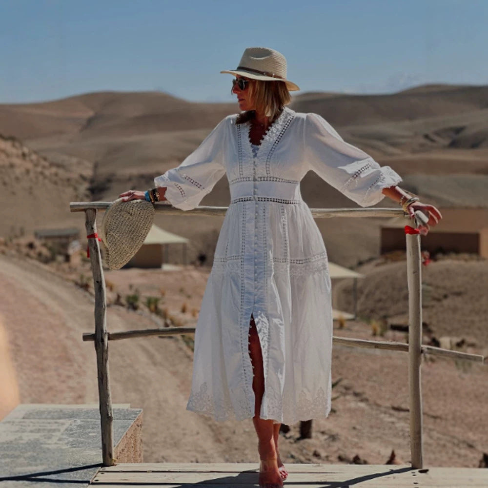 Women's maxi dress in boho style with lace inserts, button placket, and balloon sleeves Mune Fashion