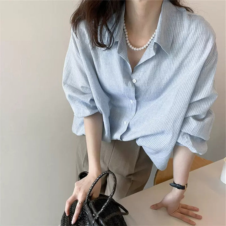 Women's Loose Striped Shirt in Linen Look with Boxy Oversize Fit Mune Fashion
