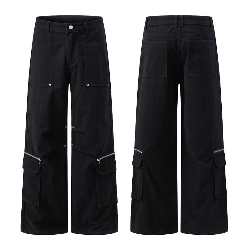 Women's Loose Cargo Palazzo Pants with Zipper and Flap Pockets Mune Fashion