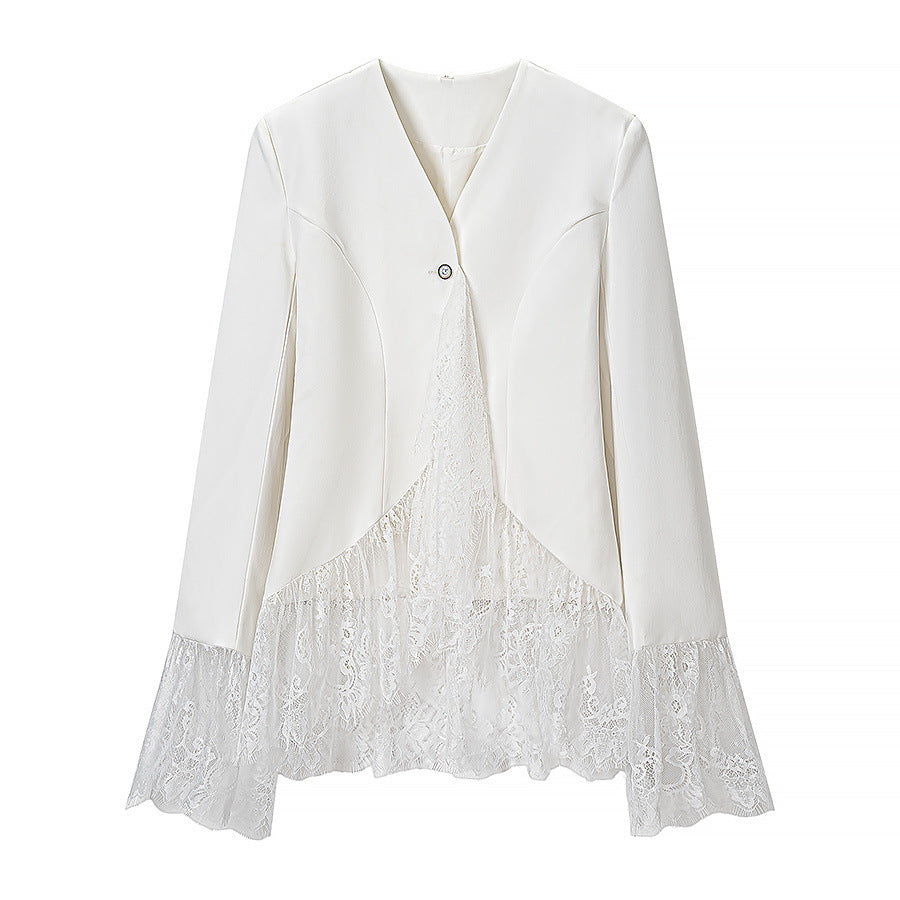 Women's tailored blazer jacket with delicate lace trim and flared sleeves Mune Fashion