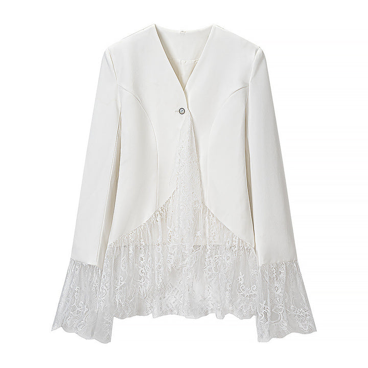 Women's tailored blazer jacket with delicate lace trim and flared sleeves Mune Fashion