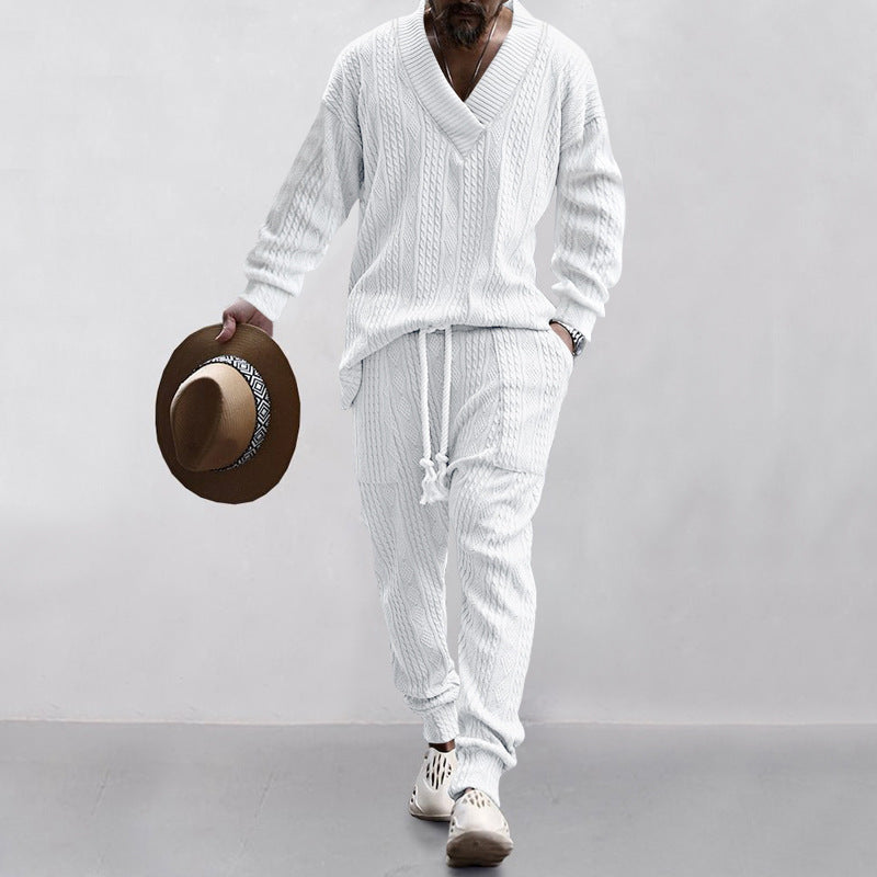Men's Structured Knit Lounge Set with Deep V-Neck and Drawstring Pants Mune Fashion