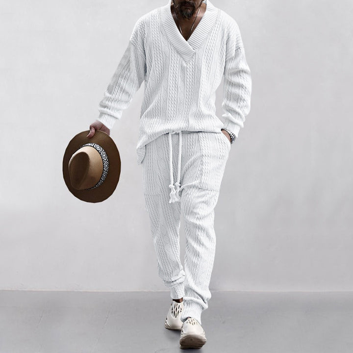 Men's Structured Knit Lounge Set with Deep V-Neck and Drawstring Pants Mune Fashion