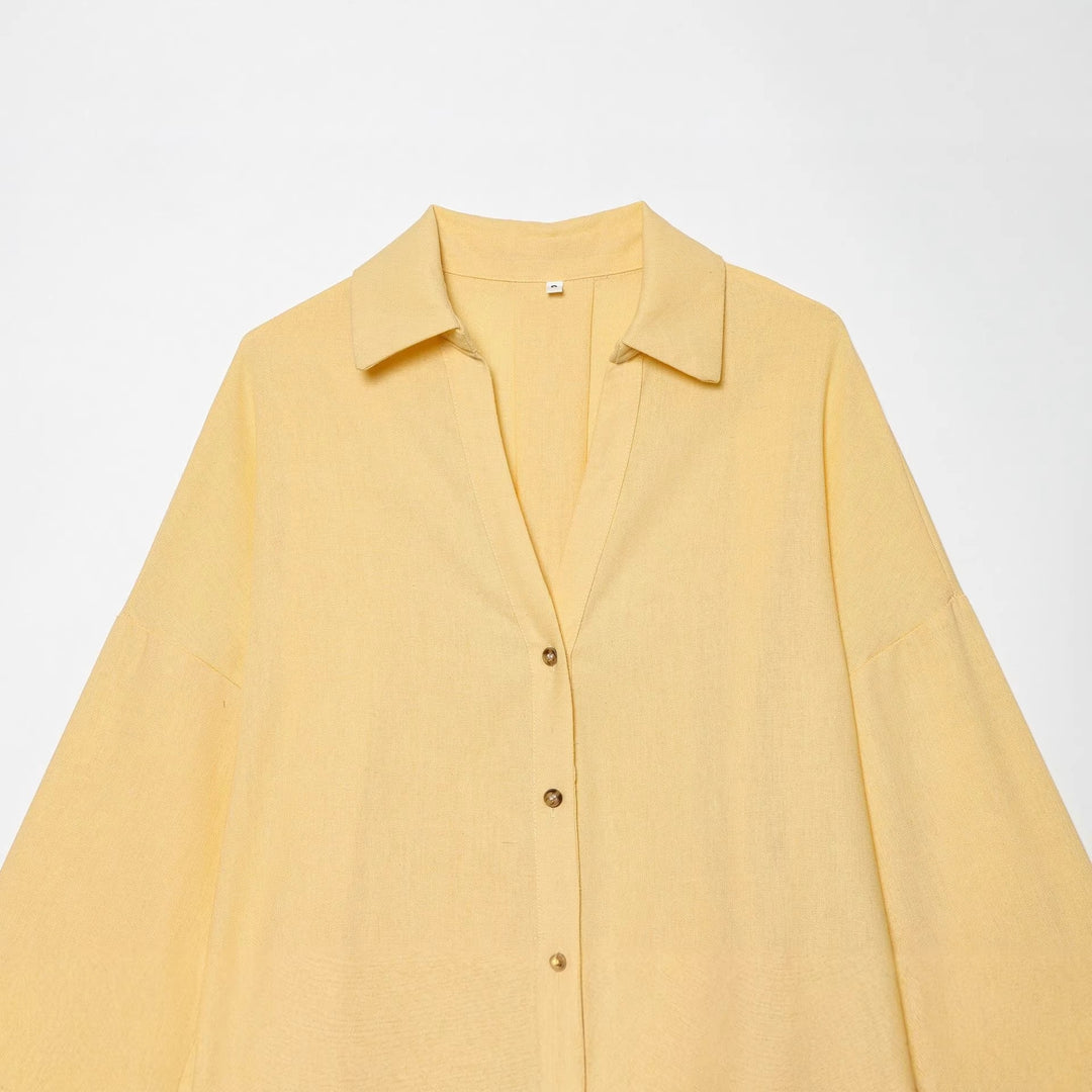 Women Oversized Linen Blouse with Kimono Sleeves and Continuous Button Placket Mune Fashion