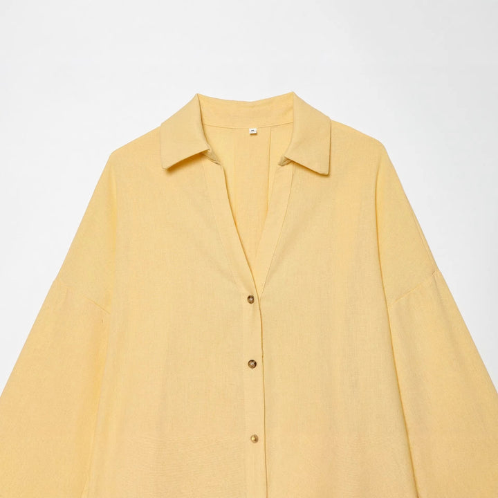 Women Oversized Linen Blouse with Kimono Sleeves and Continuous Button Placket Mune Fashion