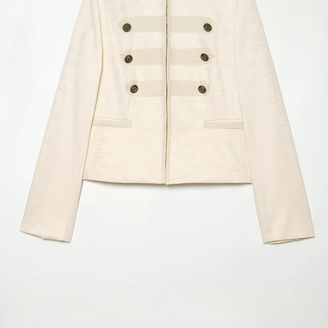 Ladies Short Parade Jacket with Stand-Up Collar, Decorative Trim and Row Buttons Mune Fashion