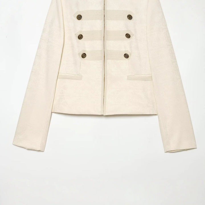 Ladies Short Parade Jacket with Stand-Up Collar, Decorative Trim and Row Buttons Mune Fashion