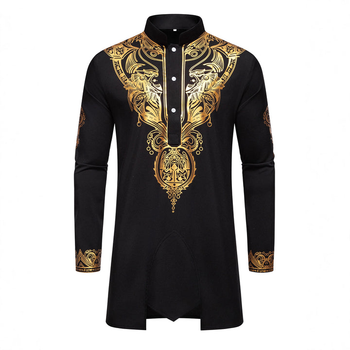 Men's Ornamental Tunic Set with Stand-Up Collar, Half Button Placket and Gold-Embellished Print Mune Fashion