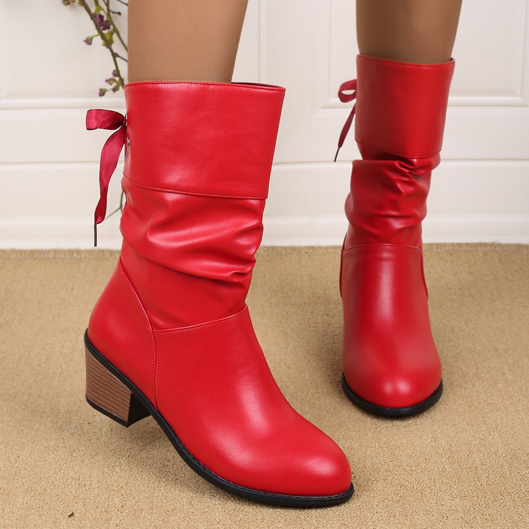 Women's Mid-Calf Slouch Boots with Decorative Satin Bow Mune Fashion