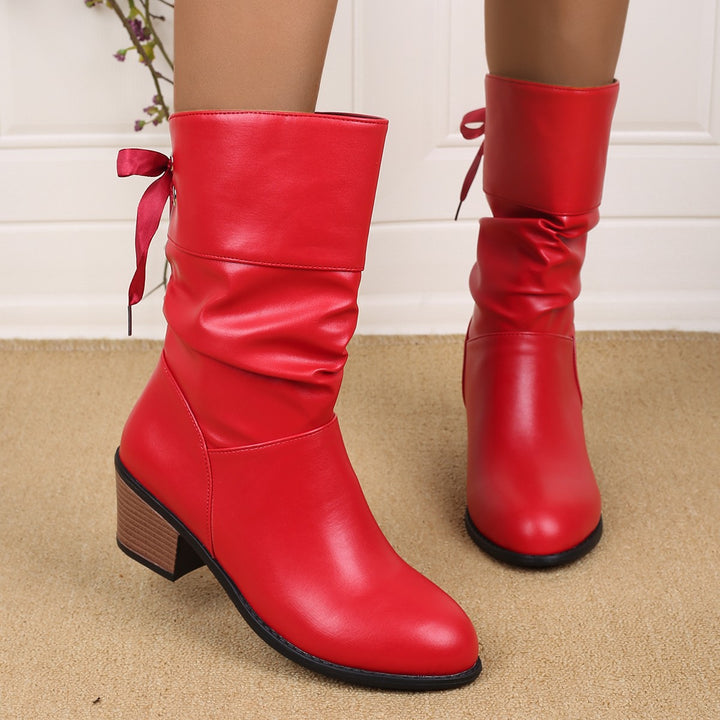 Women's Mid-Calf Slouch Boots with Decorative Satin Bow Mune Fashion