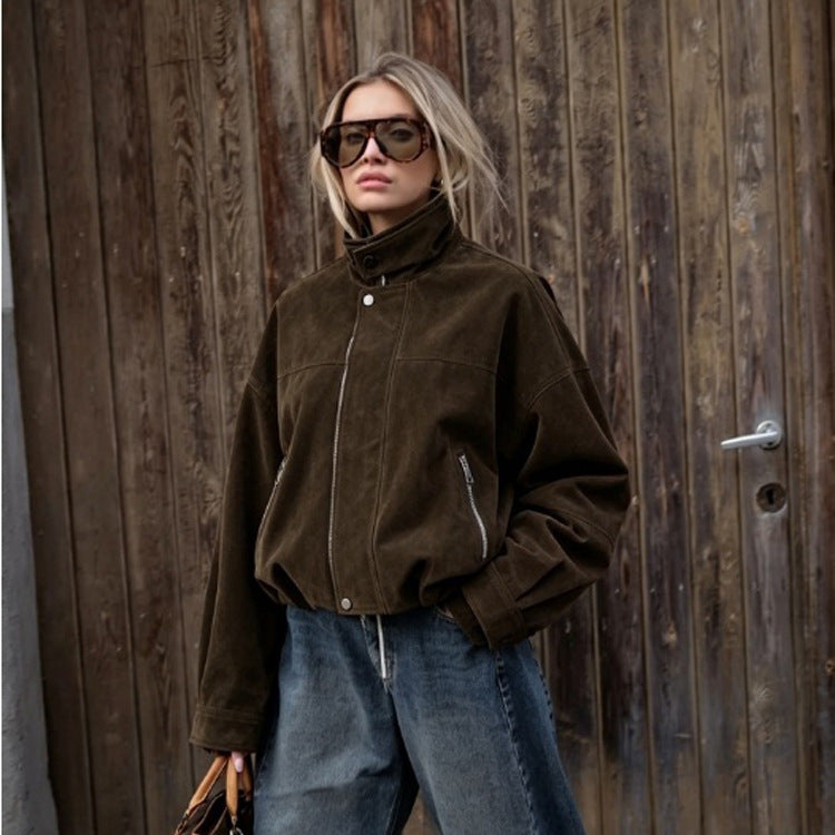 Women's Boxy Suede Bomber Jacket with High Stand Collar and Elastic Hem Mune Fashion