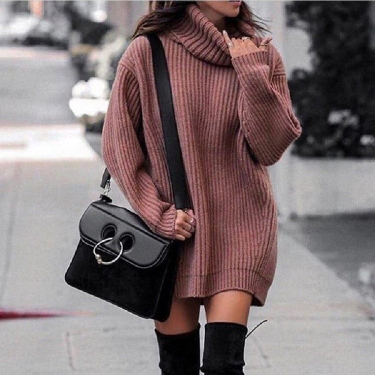 Women Oversized Long Sweater with Roll Neck, Ribbed Fine Knit and Figure-Flattering Tunic Length Mune Fashion