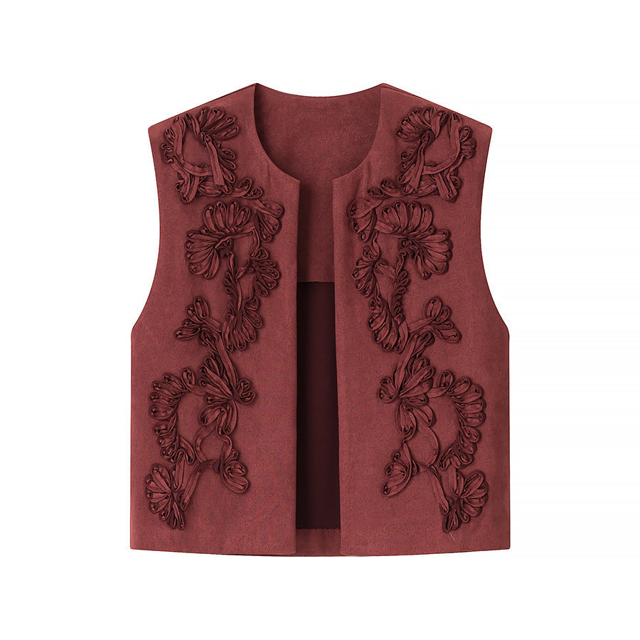 Ladies Embroidered Suede-Look Vest with Three-Dimensional Flower Appliqué Mune Fashion
