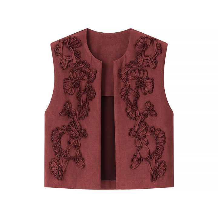 Ladies Embroidered Suede-Look Vest with Three-Dimensional Flower Appliqué Mune Fashion