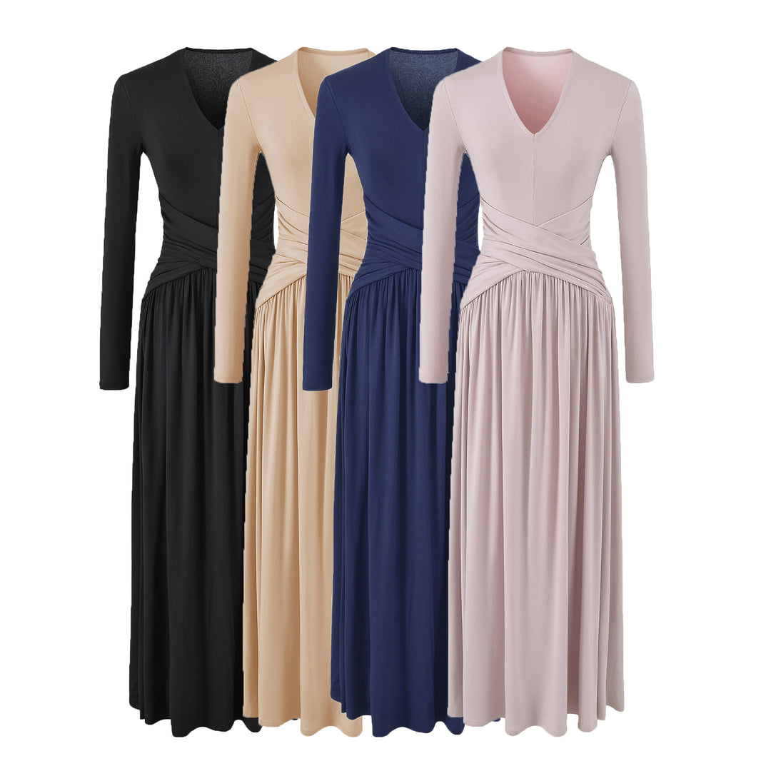 Women's V-Neck Maxi Wrap Dress Made of Jersey with Gathered Waist Section Mune Fashion