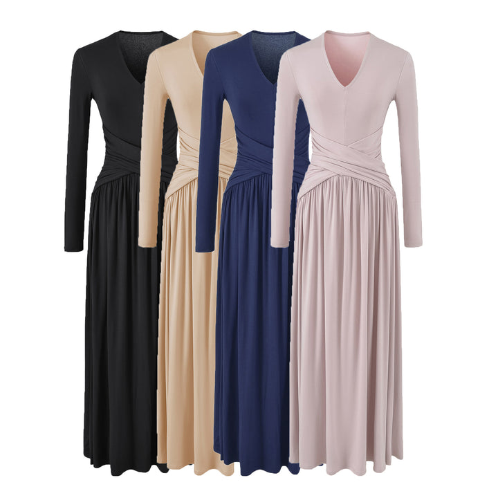 Women's V-Neck Maxi Wrap Dress Made of Jersey with Gathered Waist Section Mune Fashion