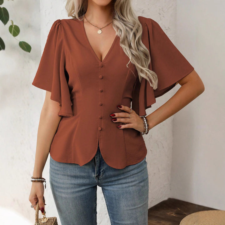 Ladies V-neck tailored blouse with peplum and flounce sleeves Mune Fashion