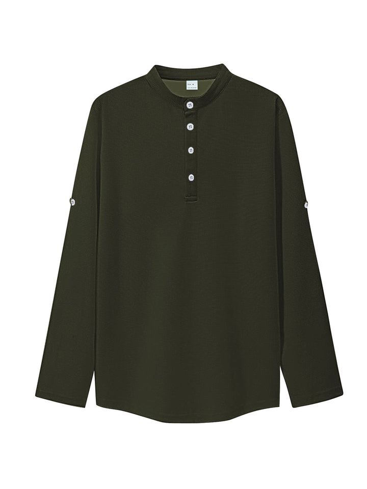 Women's oversized long sleeve Henley with stand-up collar waffle texture and sleeve fastening Mune Fashion