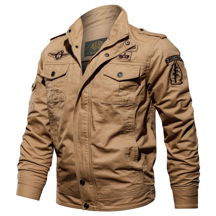 Men's Military Canvas Field Jacket with Stand Collar Shoulder Epaulettes and Multifunctional Pockets Mune Fashion