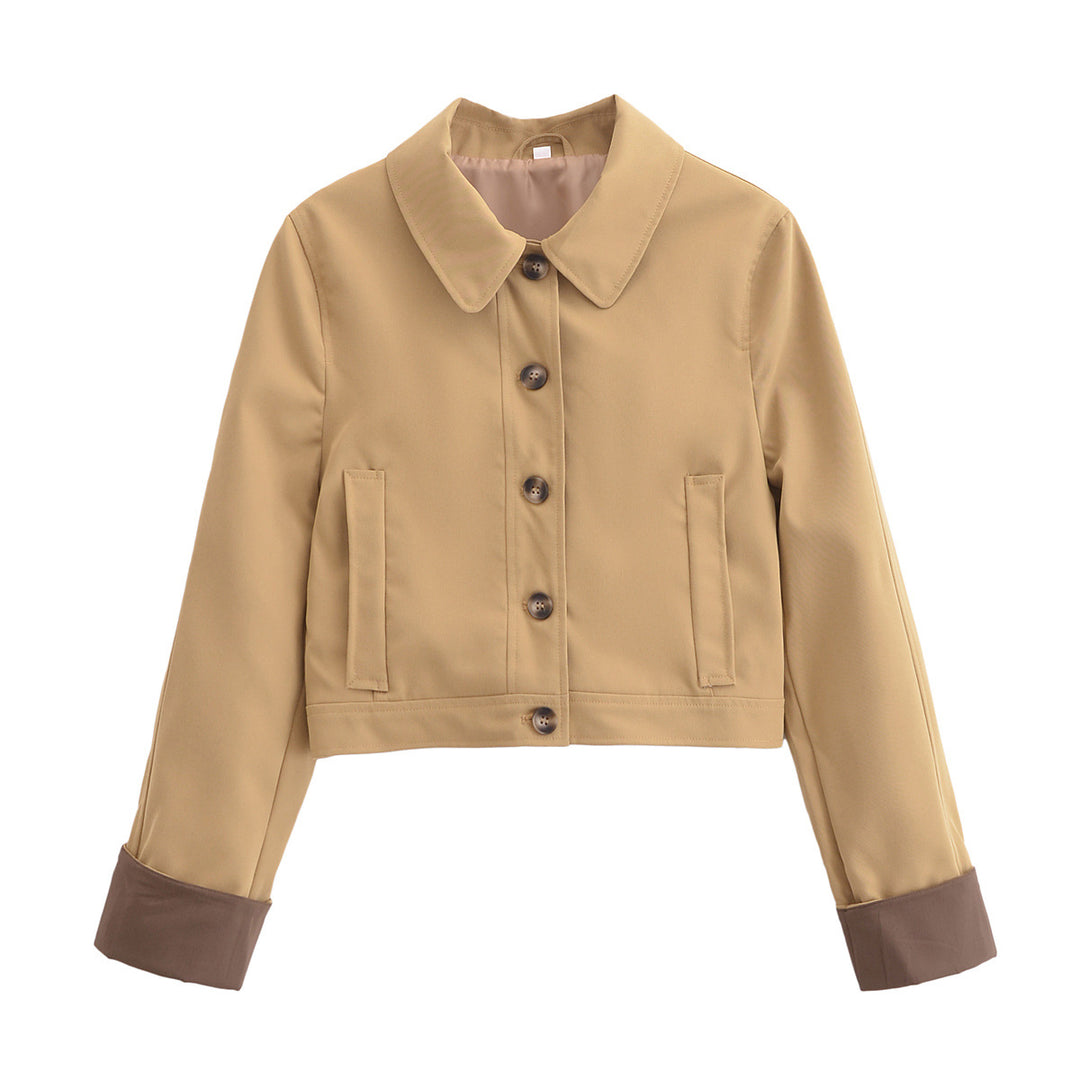 Women's Cropped Utility Jacket with Shirt Collar, Contrasting Turn-Up Cuffs and Continuous Button Placket Mune Fashion