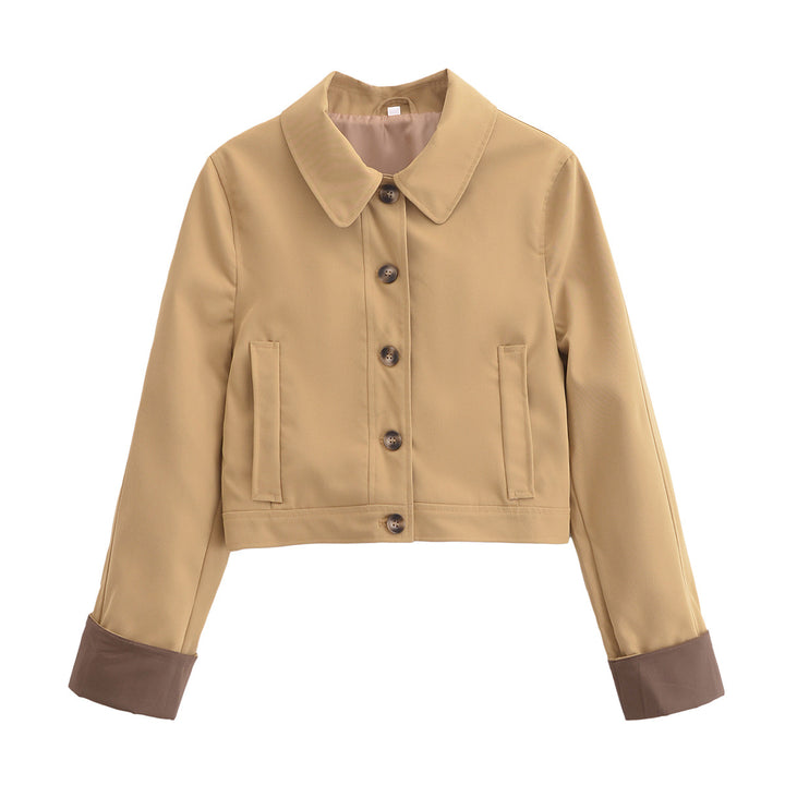 Women's Cropped Utility Jacket with Shirt Collar, Contrasting Turn-Up Cuffs and Continuous Button Placket Mune Fashion