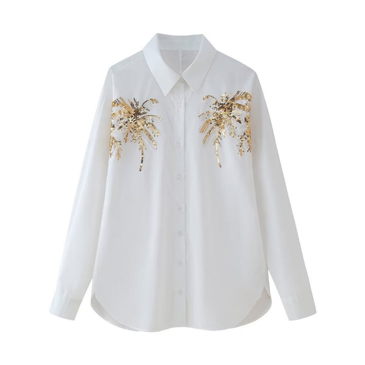 Women Oversize Shirt Blouse with Palm Motif made of Golden Sequins Mune Fashion