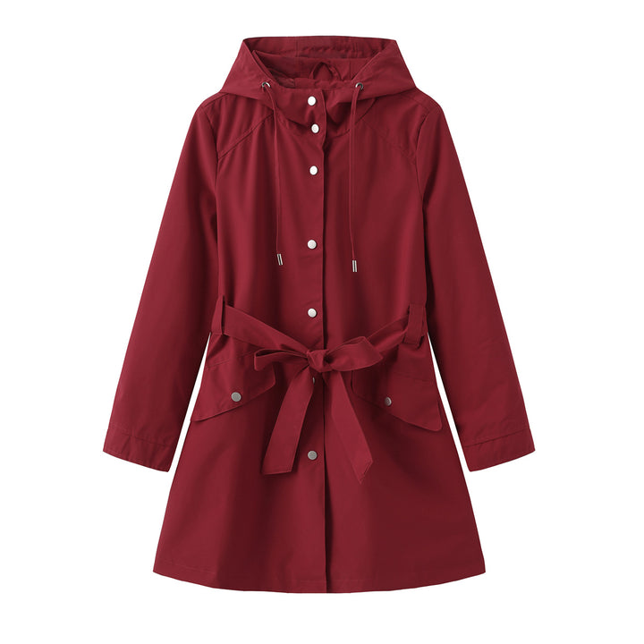 Women's lightweight raincoat in A-line cut with hood, drawstring, and tie belt Mune Fashion