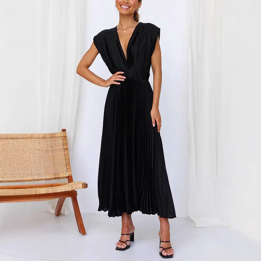 Women's Pleated Midi Dress with Deep V-Neck and Waist Belt Drune