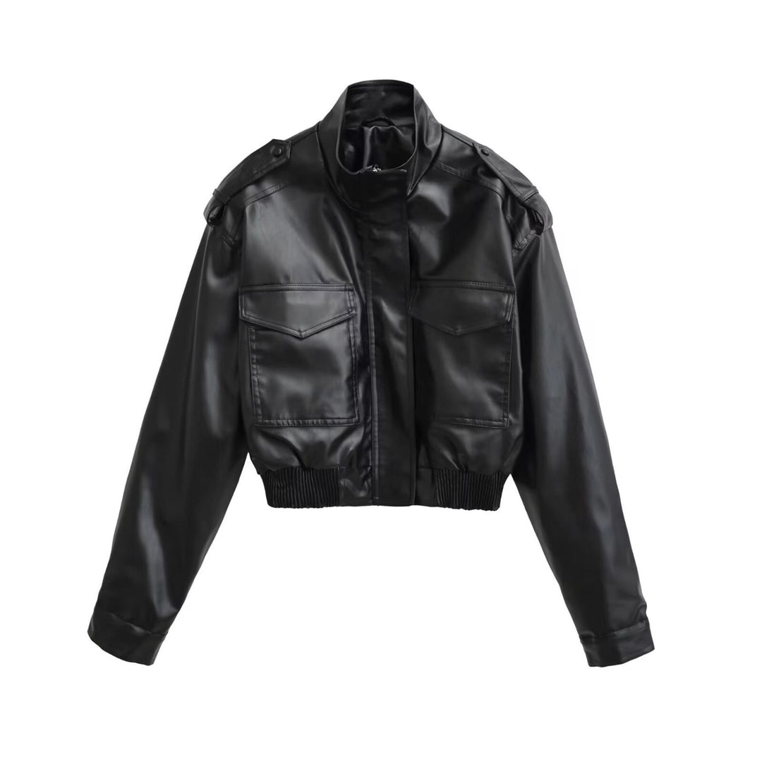Women's Short PU Leather Bomber Jacket with High Stand-Up Collar, Flap Pockets and Shoulder Epaulettes Mune Fashion
