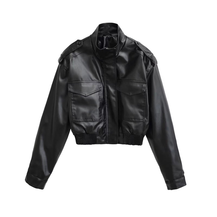 Women's Short PU Leather Bomber Jacket with High Stand-Up Collar, Flap Pockets and Shoulder Epaulettes Mune Fashion