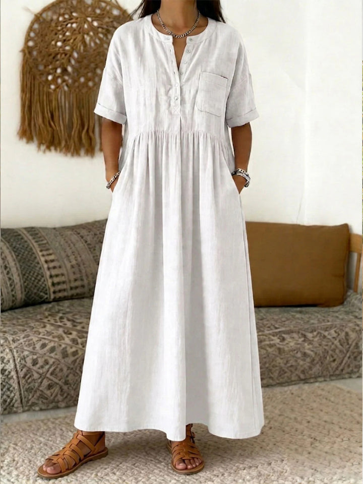 Women's Long Boho Maxi Dress with Henley Button Placket, Chest Pocket and Side Pockets Mune Fashion