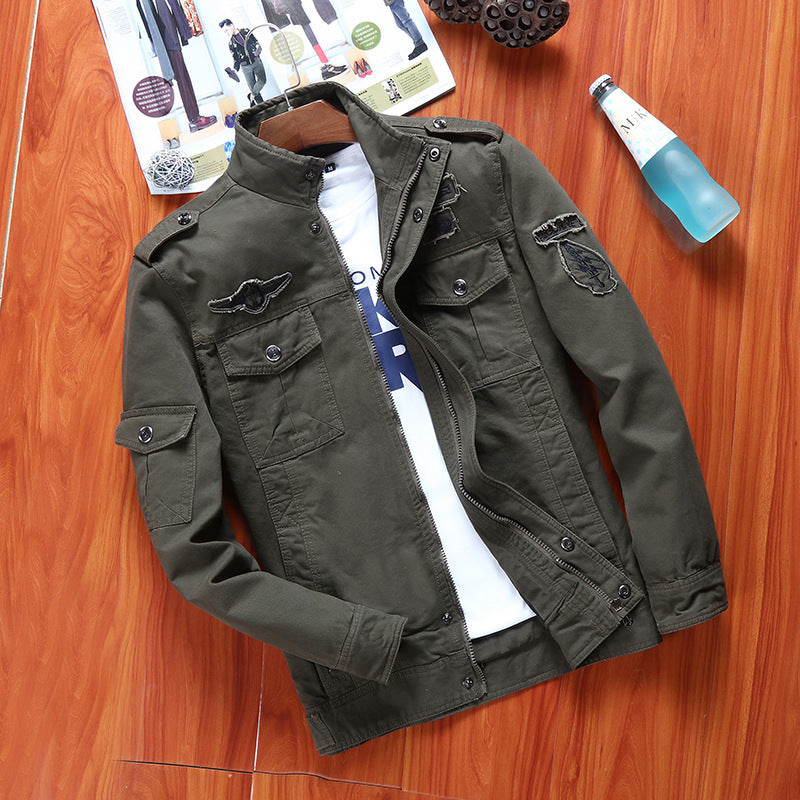 Men's Robustly Cut Canvas Combat Jacket with Patches, Stand Collar and Multifunctional Flap Pockets Mune Fashion
