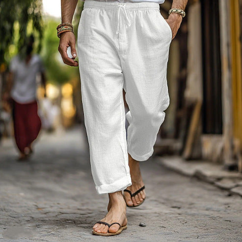 Men's casual linen jogger pants with elastic drawstring waistband, side pockets, and rollable hem Mune Fashion