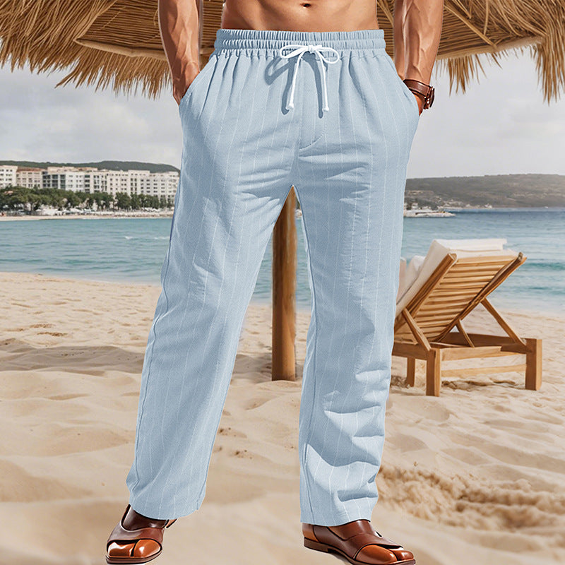 Men's Maritime Linen Look Casual Trousers with Pinstripes, Elastic Waistband and Side Slash Pockets Mune Fashion