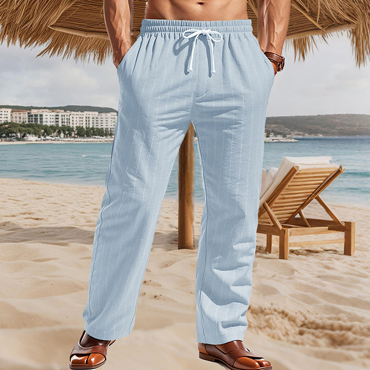 Men's Maritime Linen Look Casual Trousers with Pinstripes, Elastic Waistband and Side Slash Pockets Mune Fashion
