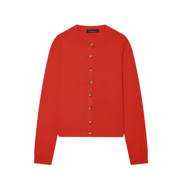 Ladies fine knit cardigan in cropped cut with round neck and wooden button placket Mune Fashion