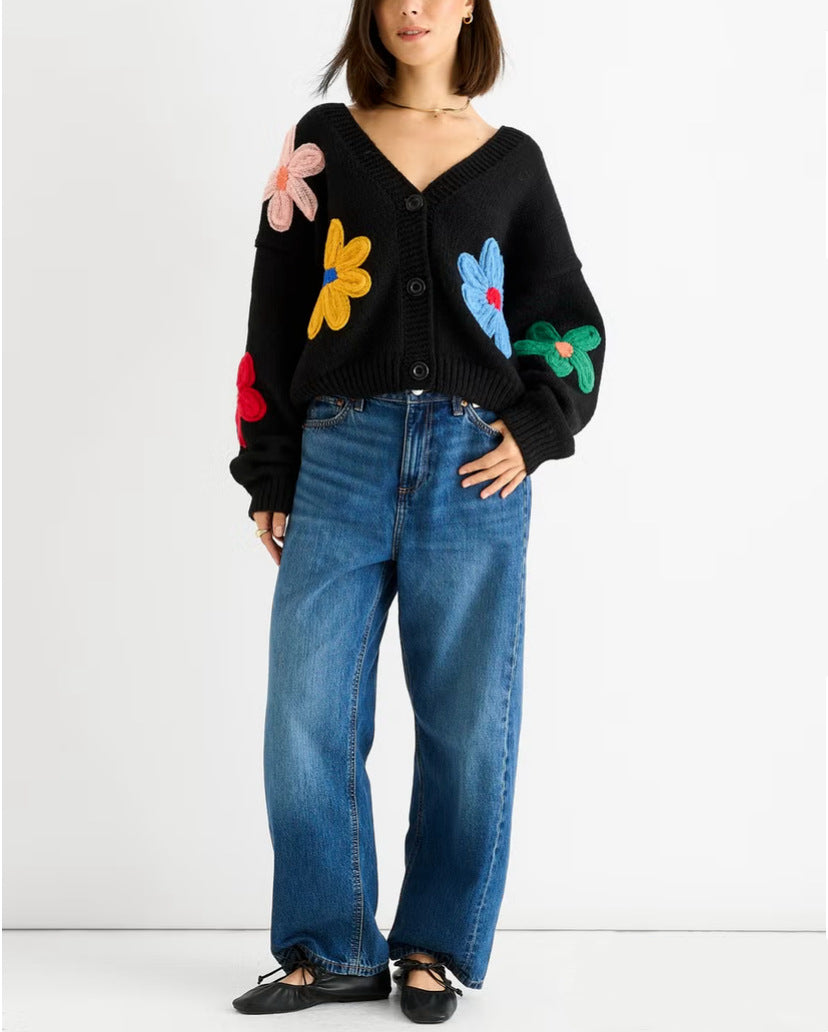 Women's Boxy Knit Sweater with Colorful 3D Flower Appliqués Mune Fashion