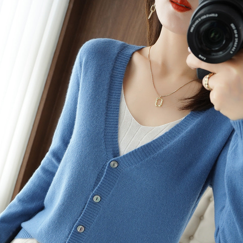 Ladies Light V-Neck Cardigan made of Cashmere Mix with Fine Rib Edge Mune Fashion