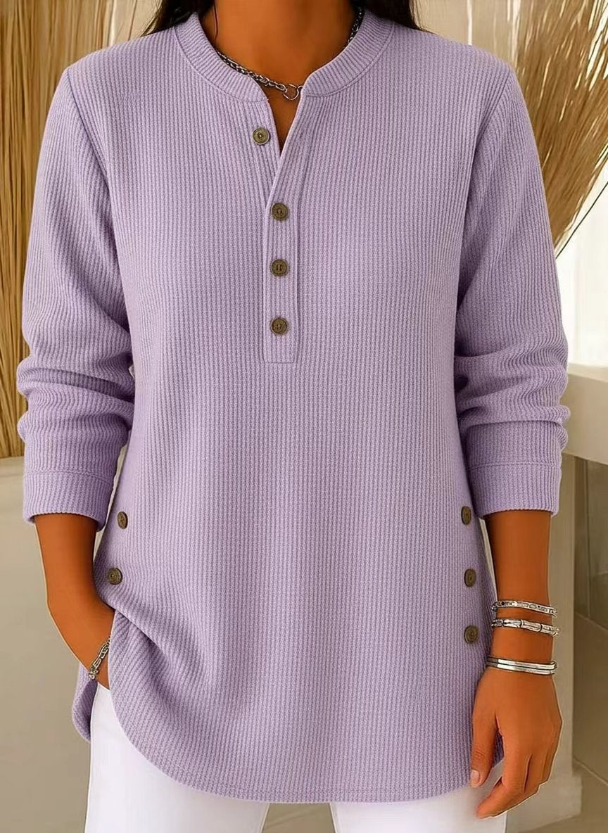 Women's plisse tunic blouse with stand-up collar, button placket and side decorative buttons Mune Fashion