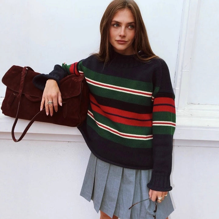 Women Striped Oversize Knit Sweater with Raglan Sleeves Mune Fashion