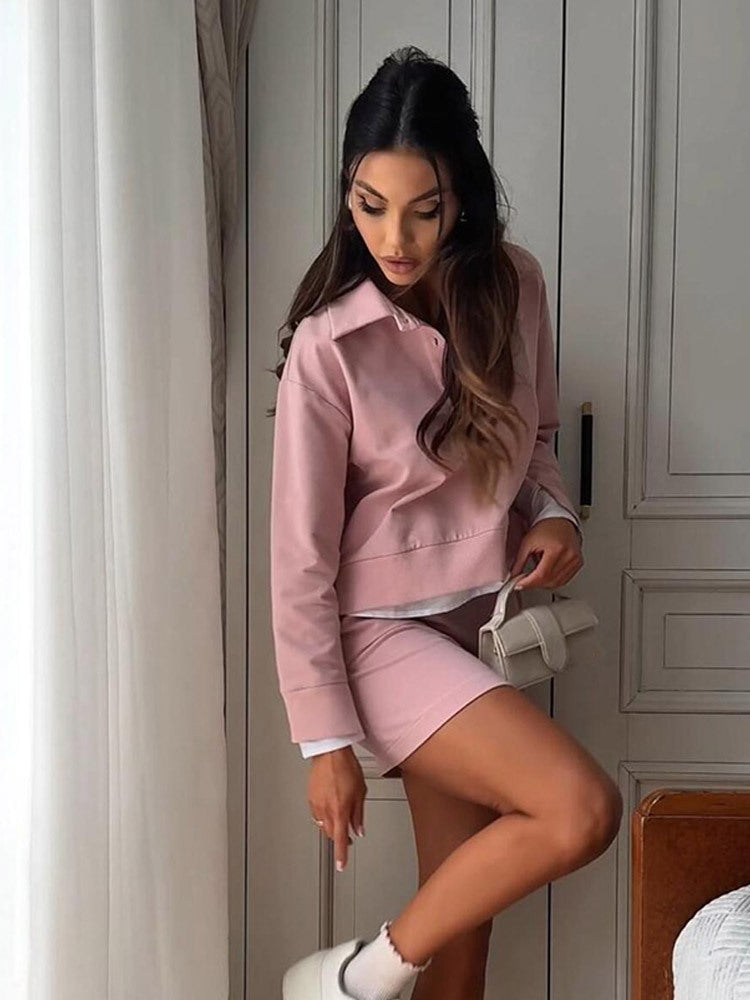 Women's Casual Two-Piece Sweatset with Shirt Collar, Cropped Pullover and High-Waist Bike Shorts Mune Fashion