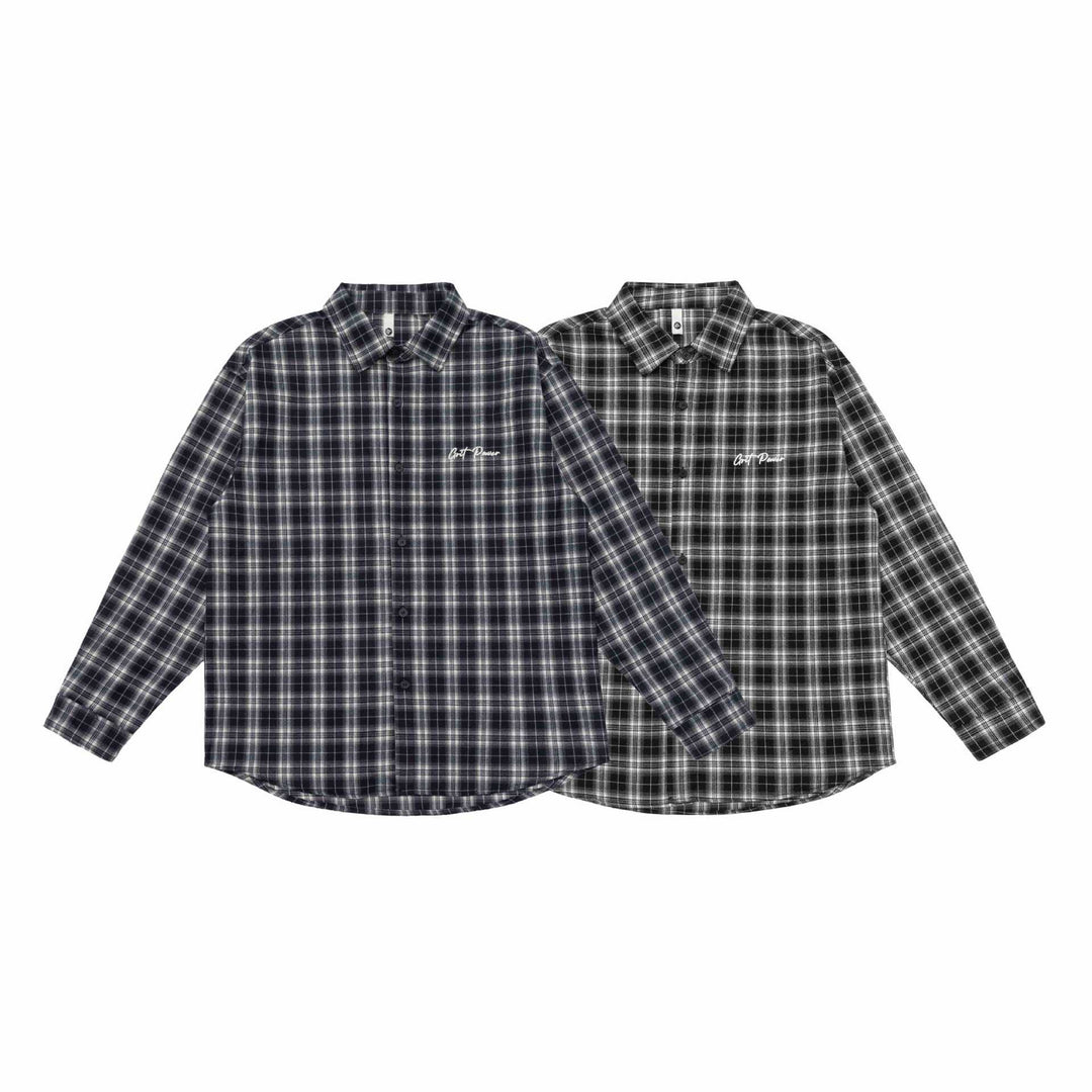 Unisex Boxy Flannel Shirt Jacket with Rounded Hem and Embroidered Mune Fashion Chest Logo