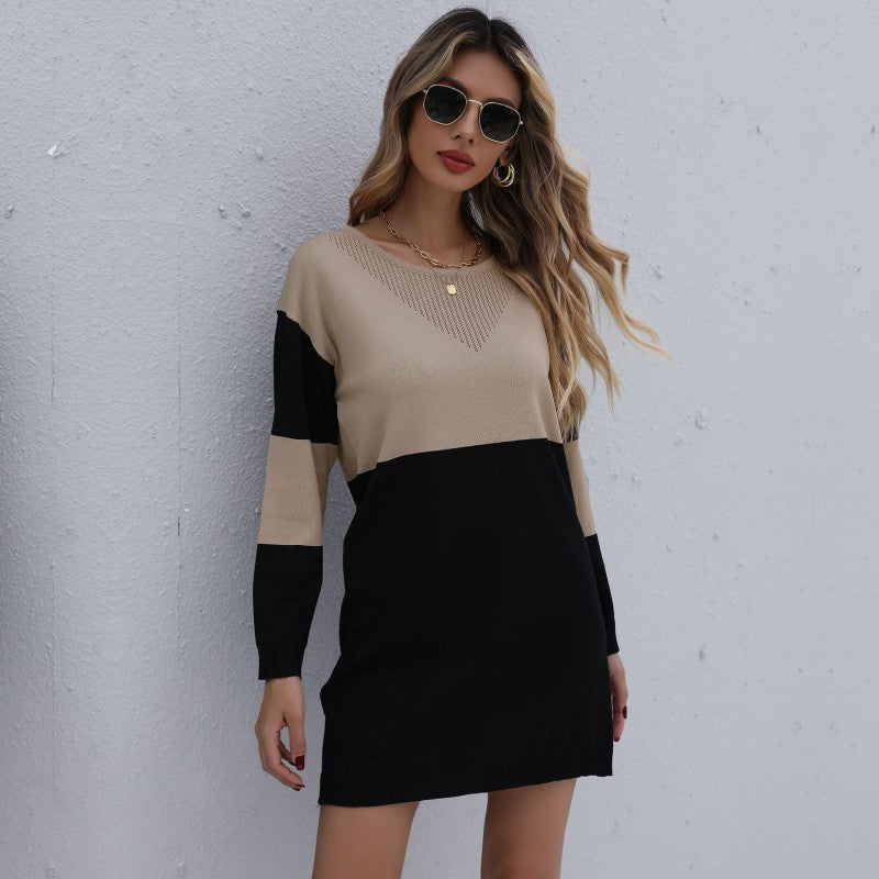 Women Casual Knit Dress with V-Neck and Color Block Mune Fashion