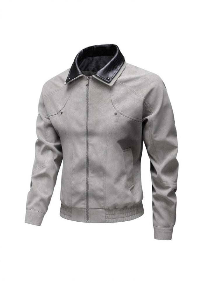 Men's Vintage-inspired Faux Leather Blouson Jacket with Contrast Collar Mune Fashion