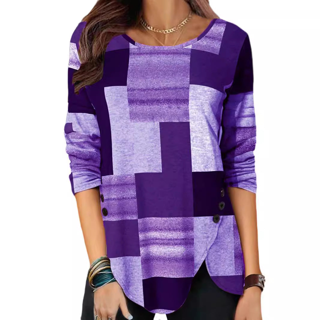 Women Patterned Long Sleeve Tunic Shirt with Asymmetrical Hem and Decorative Button Placket Mune Fashion