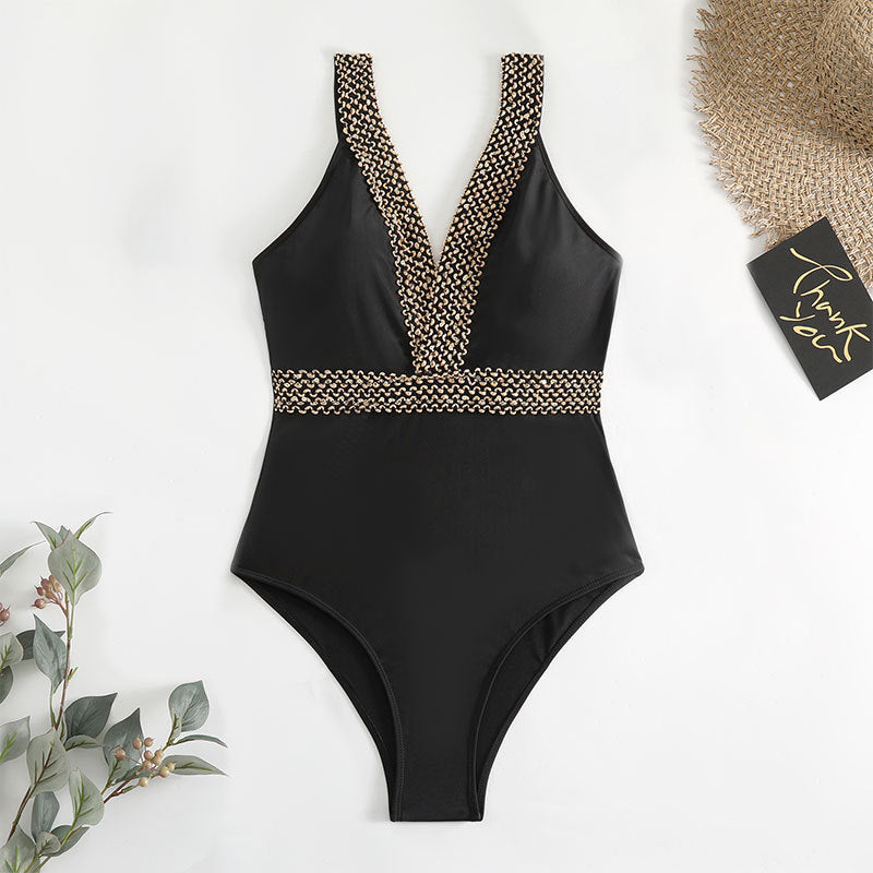 Women High-Quality One-Piece Swimsuit with Deep V-Neck and Elegant Jewelry Details Mune Fashion