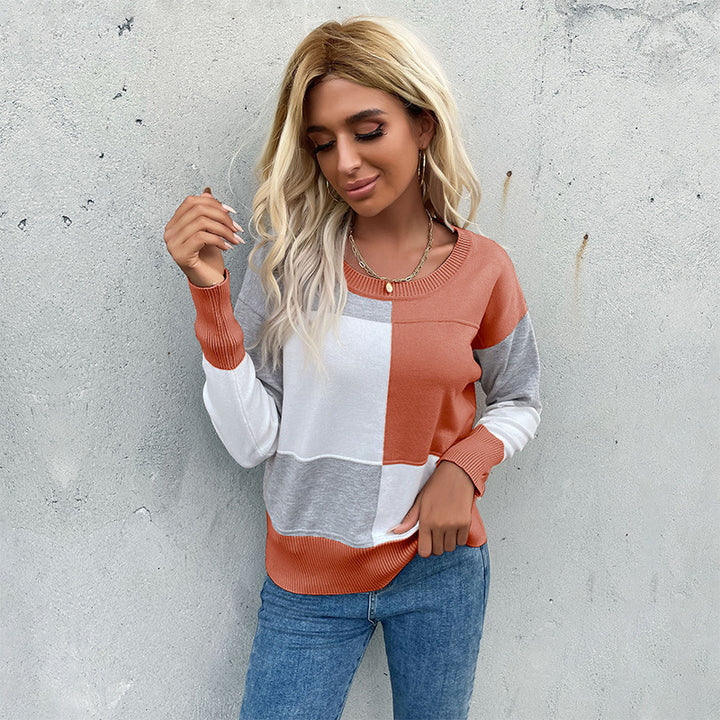 Women's patchwork knit sweater with contrasting panels, round neckline and ribbed hems Mune Fashion