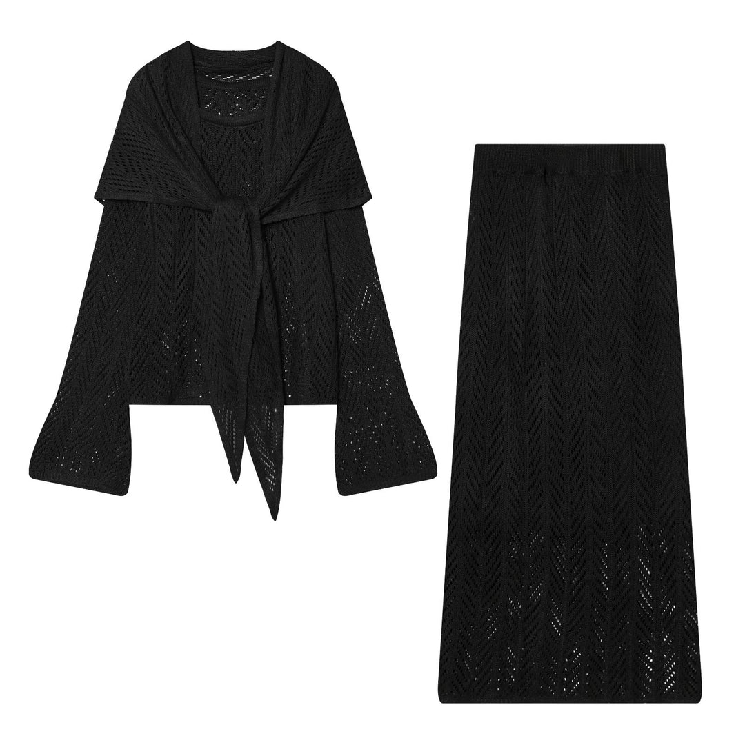 Women's Openwork Knit Set with Open Cardigan and Midi Skirt Mune Fashion