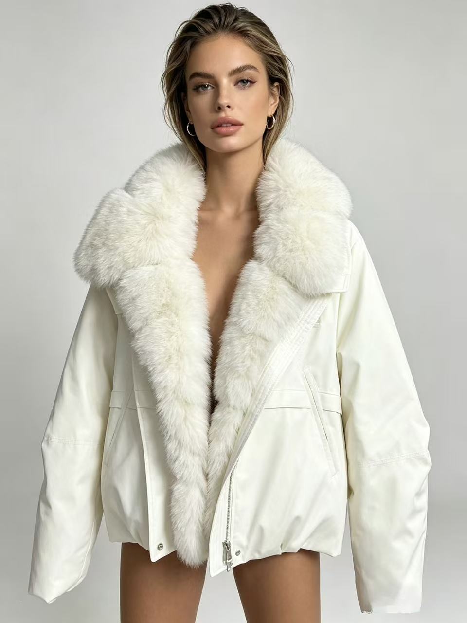 Women's tailored parka bomber jacket with voluminous faux fur collar and windproof outer shell Mune Fashion