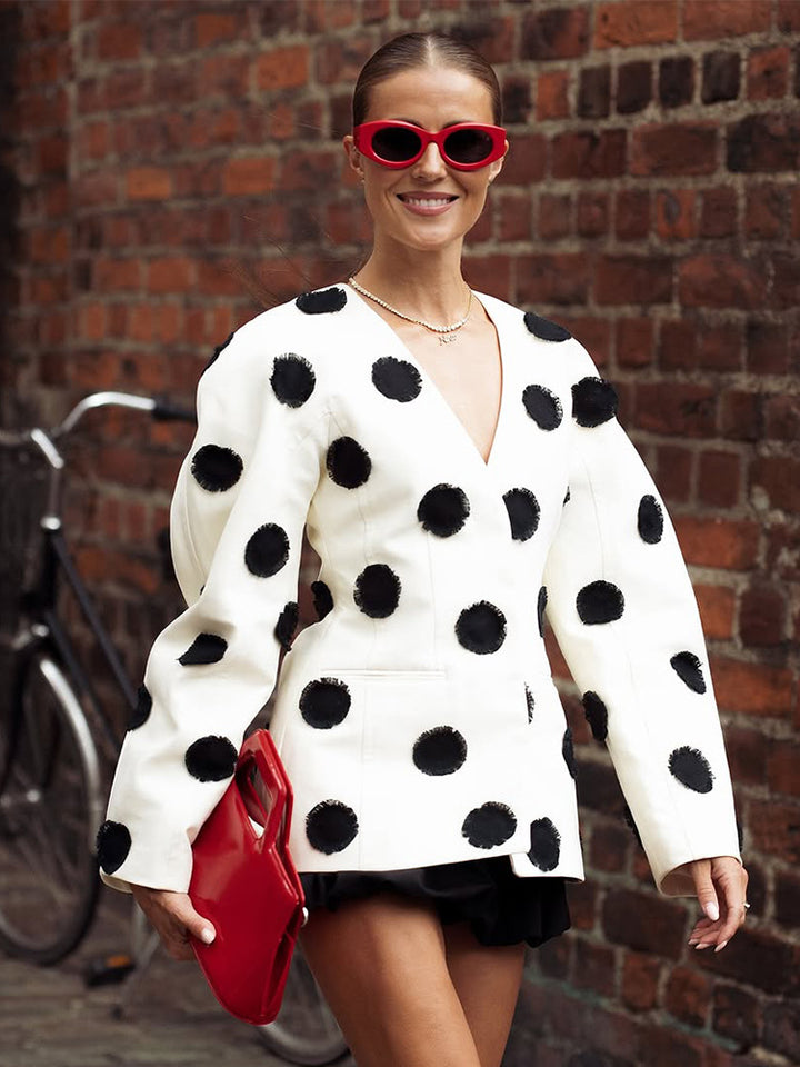 Women's Tailored Blazer with Deep V-Neck, Voluminous Sleeves and Polka-Dot Applications Mune Fashion